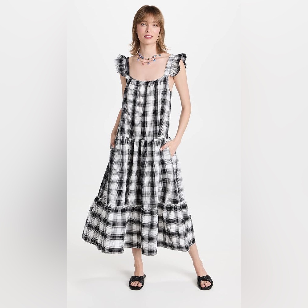 NWT Steve Madden BB Dakota Black and White Plaid Ruffled Tiered Midi Dress XS